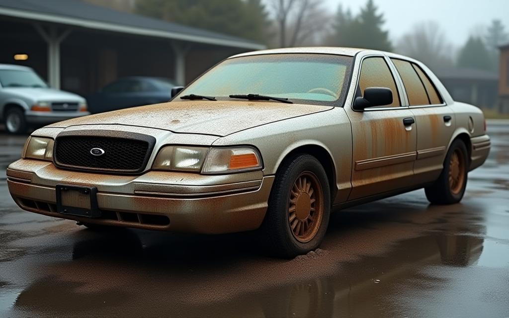 Sedan before wash covered in dirt